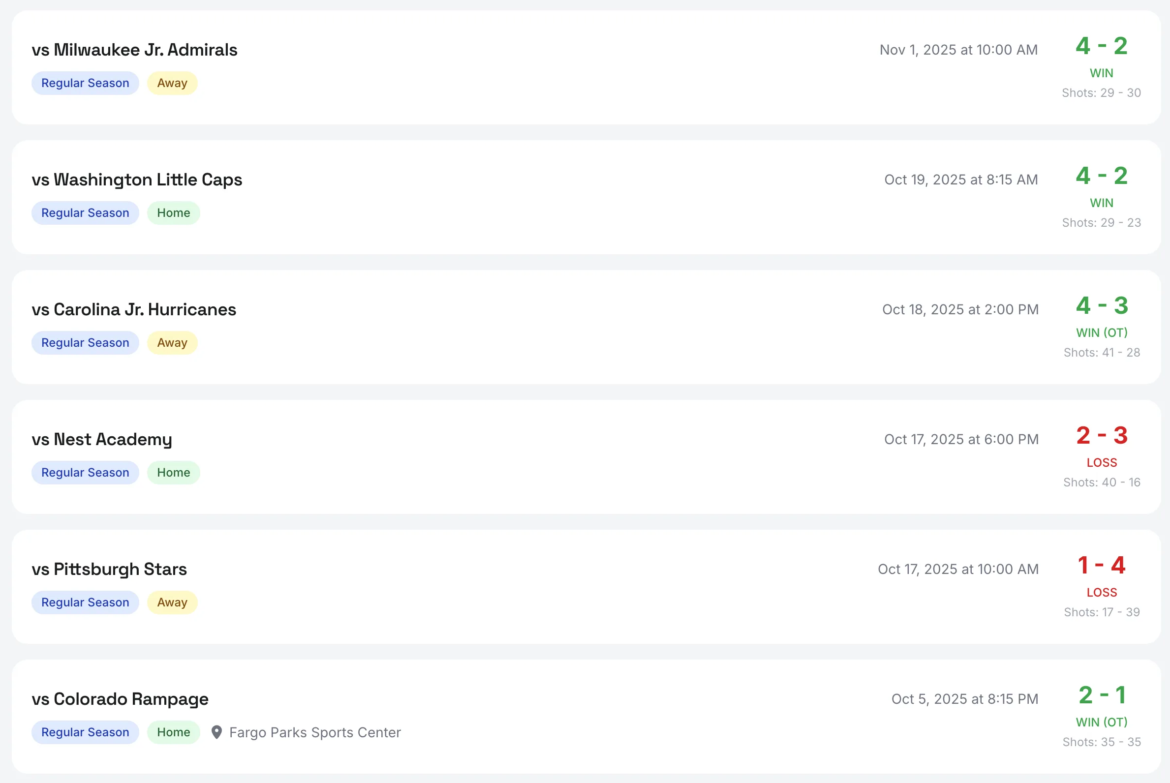 A season's box scores: opponents, dates, home and away tags, final scores with win/loss results and shot totals
