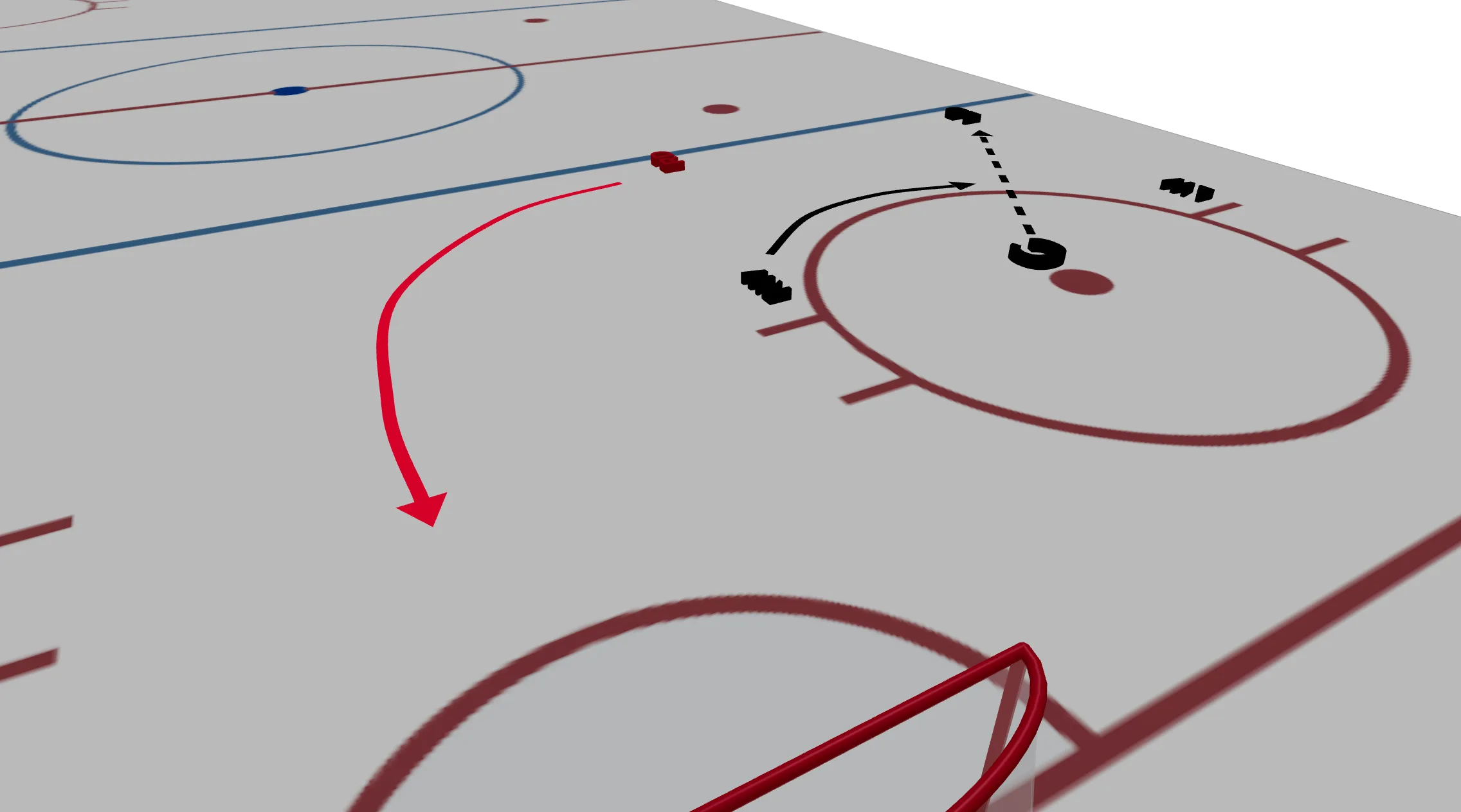 A 3D rink view of a drill: a skating route, a pass, and a shot on goal drawn from ice level