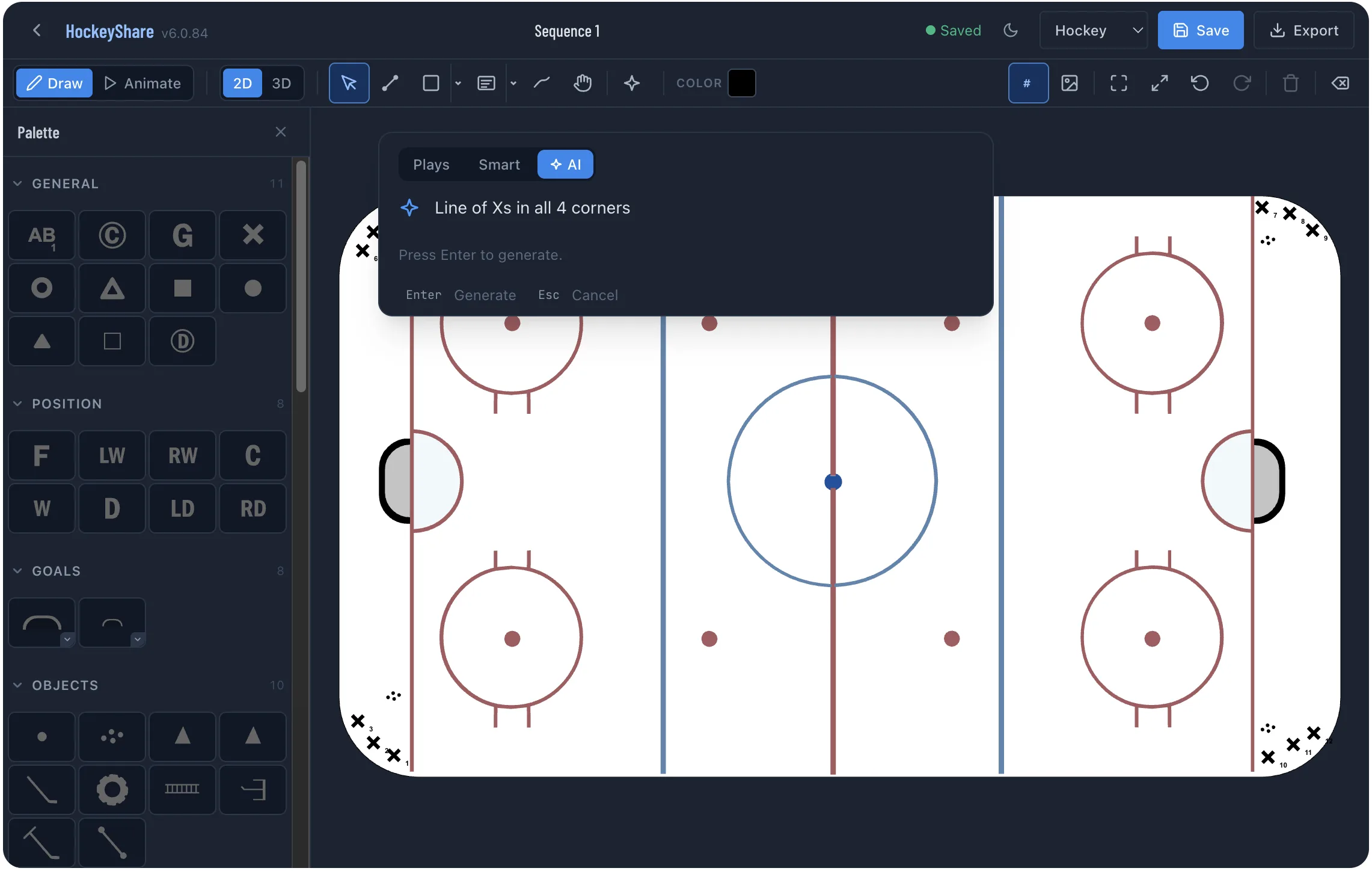 The diagrammer's AI prompt — 'Line of Xs in all 4 corners' — about to generate placements on the rink