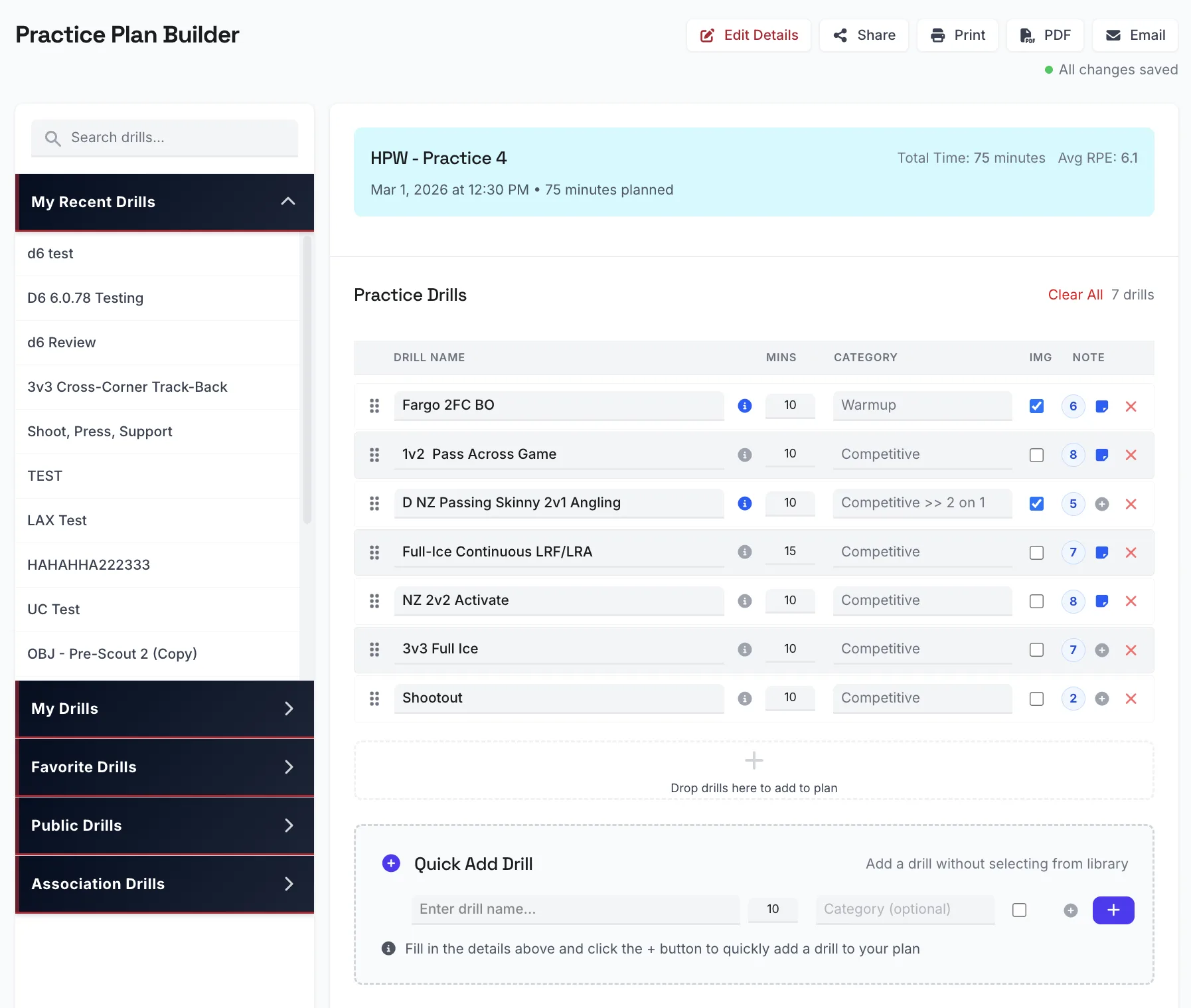 The Practice Plan Builder: a 75-minute plan with seven drills, times, and categories beside the drill library